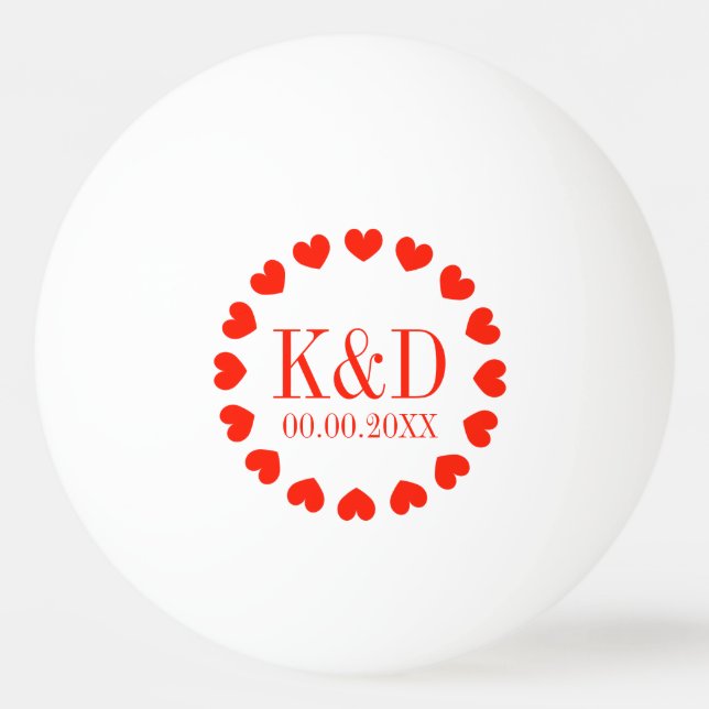 Red hearts monogram wedding party favor ping pong ball (Front)