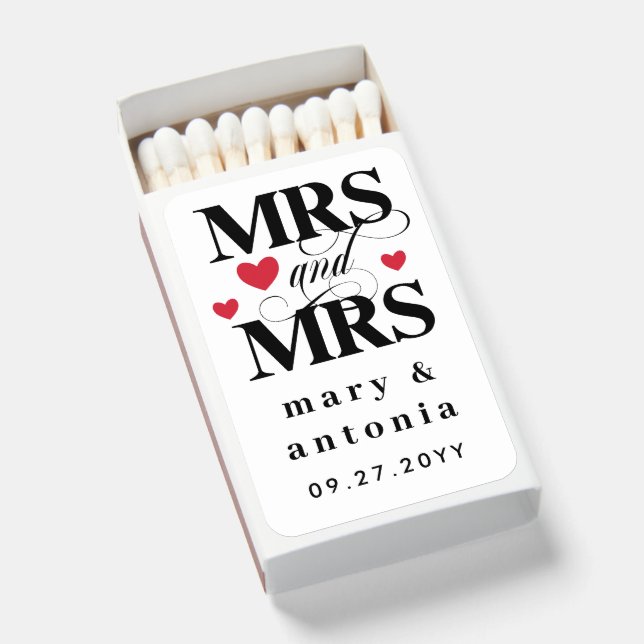 Red Hearts Mrs & Mrs Lesbian Wedding Matchboxes (Front Open)