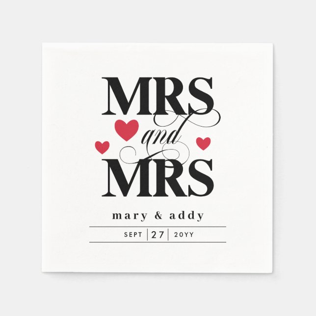 Red Hearts Mrs & Mrs Lesbian Wedding Napkins (Front)