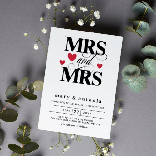 Red Hearts Mrs  Mrs Lesbian Wedding Two In One Invitation