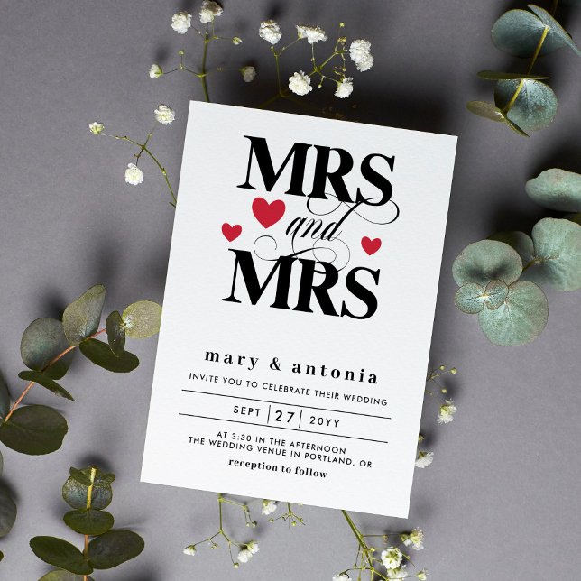 Red Hearts Mrs & Mrs Lesbian Wedding Two In One Invitation (Creator Uploaded)