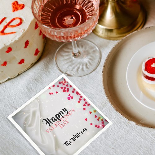Red Hearts On A White Silk Happy Valentines Day Napkins