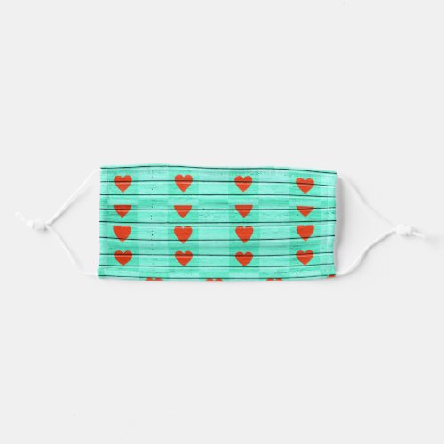 red hearts on aqua wood adult cloth face mask