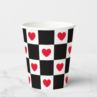 Red Hearts on Black and White Check Pattern Paper Cups