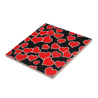 Red Hearts on Black Background Ceramic Tile