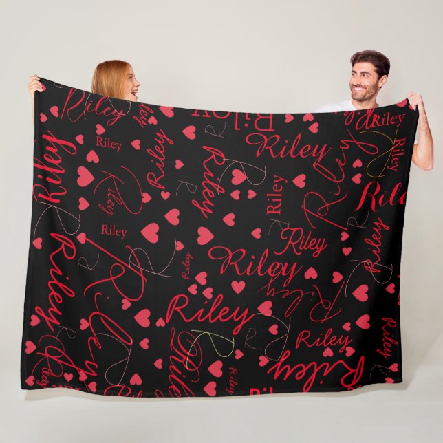 Red Hearts on Black Blanket with Name (In Situ)