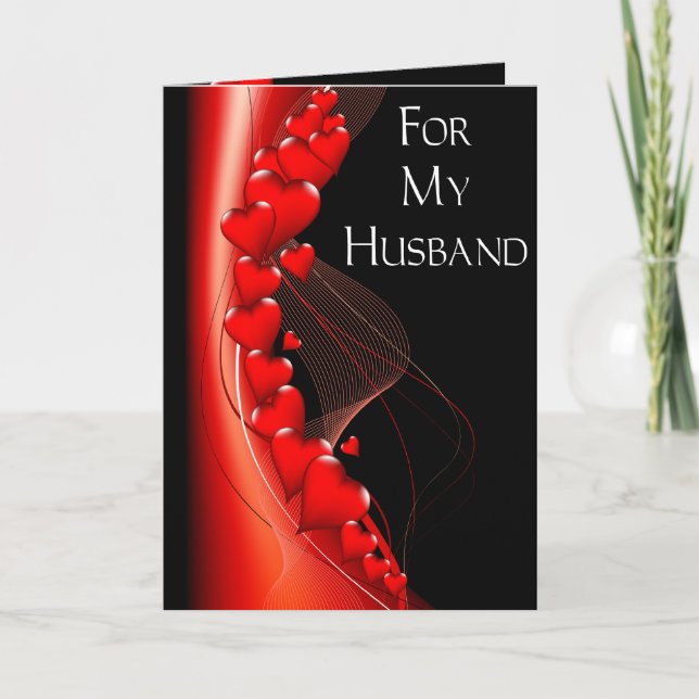Red Hearts on Black Husband Valentine Card (Front)