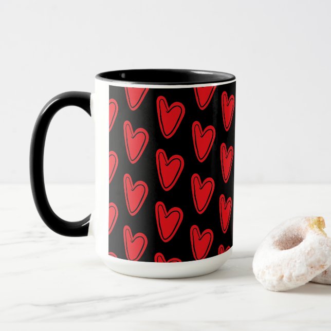 Red Hearts On Black Mug (With Donut)