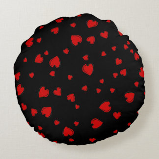 Red Hearts on Black Round Pillow