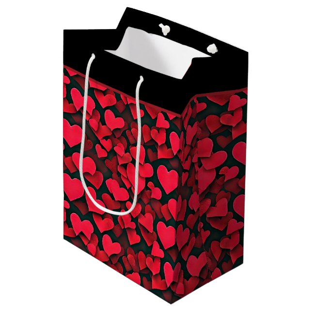 Red hearts on black valentine  medium gift bag (Front Angled)