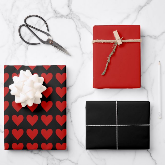 Red Hearts on Black w/Solids Wrapping Paper Sheets (Front)