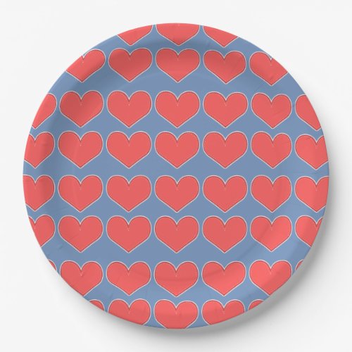 Red Hearts on Blue Pattern Paper Plates