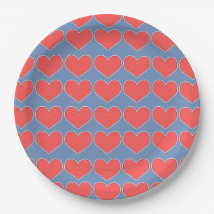 Red Hearts on Blue Pattern Paper Plates