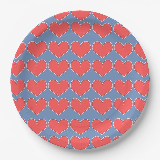Red Hearts on Blue Pattern Paper Plates (Front)