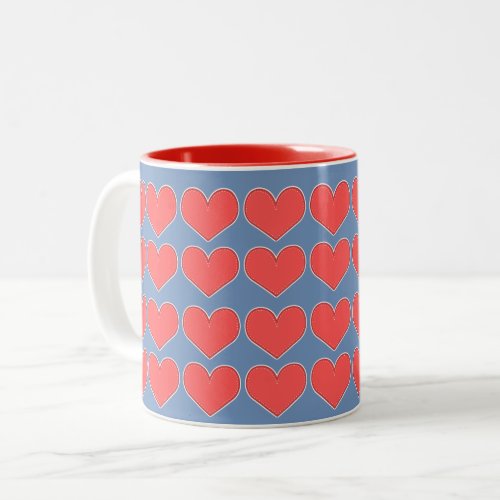 Red Hearts on Blue Pattern Two_Tone Coffee Mug