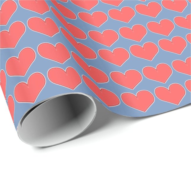 Red Hearts on Blue Pattern Wrapping Paper (Roll Corner)