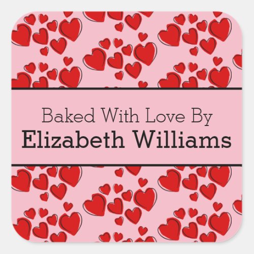 Red Hearts on Custom Name Baked With Love By Square Sticker