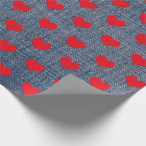 Red Hearts on Denim Wrapping Paper