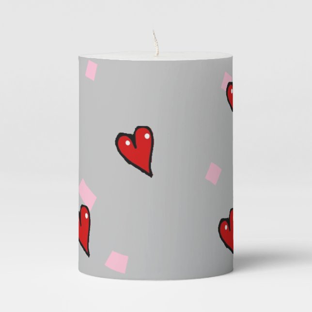 Red hearts on grey pillar candle (Front)