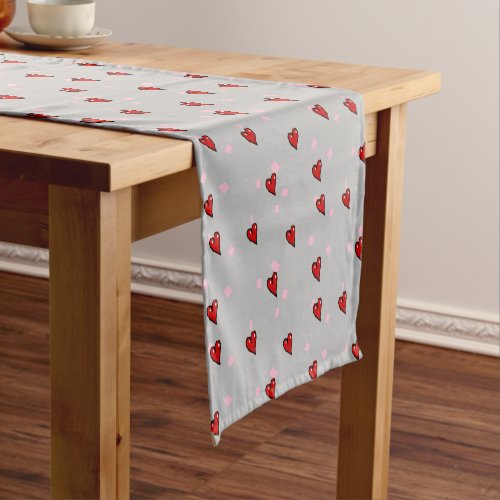 Red hearts on grey short table runner