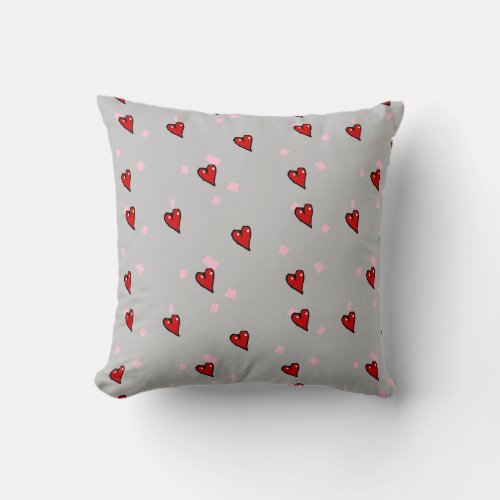 Red hearts on grey throw pillow