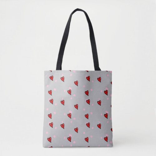 Red hearts on grey tote bag