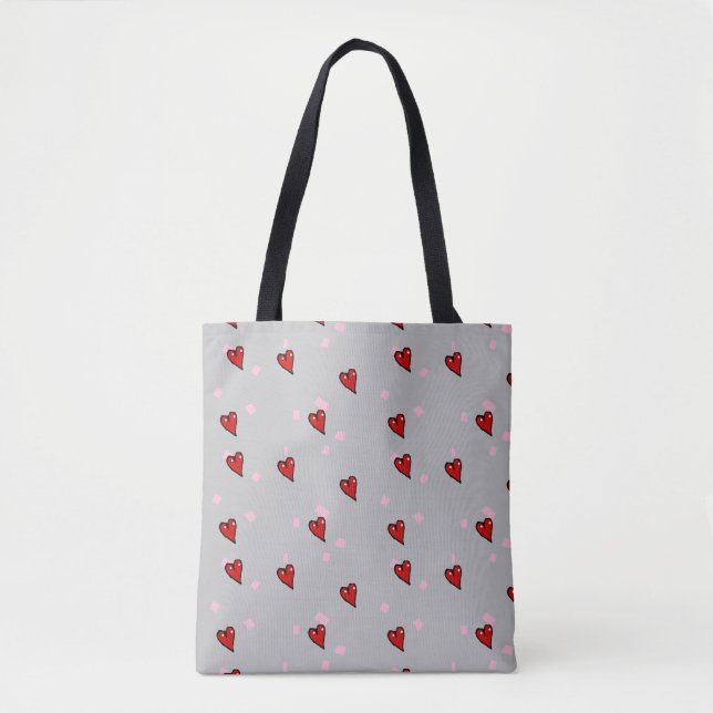 Red hearts on grey tote bag (Front)