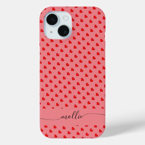 Red Hearts on Pink Background Seamless Pattern iPhone 15 Case