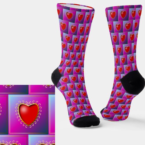 Red Hearts on Pink  Gray  Socks