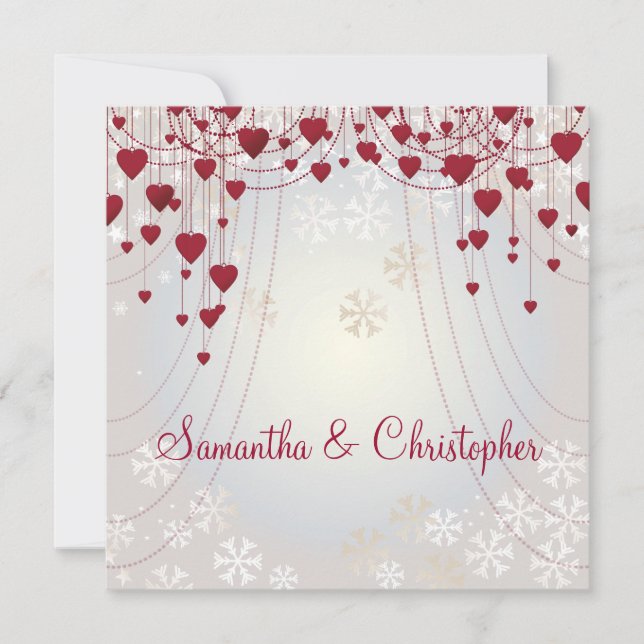 Red Hearts on Radiant White and Snowflakes Wedding Invitation (Front)
