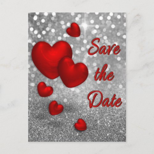 Red Hearts on Silver Glitter _ Save the Date Card