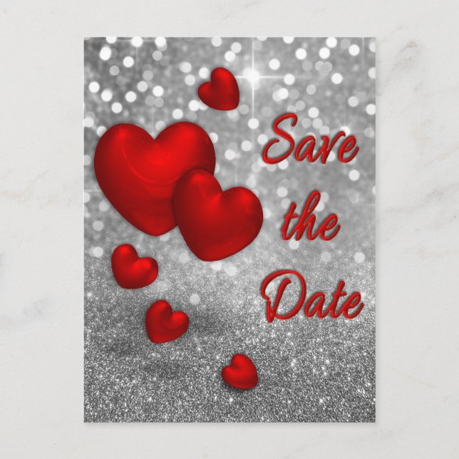Red Hearts on Silver Glitter - Save the Date Card (Front)