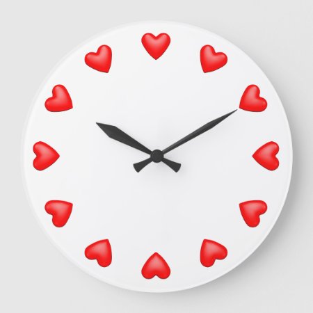 Red Hearts On White Large Clock