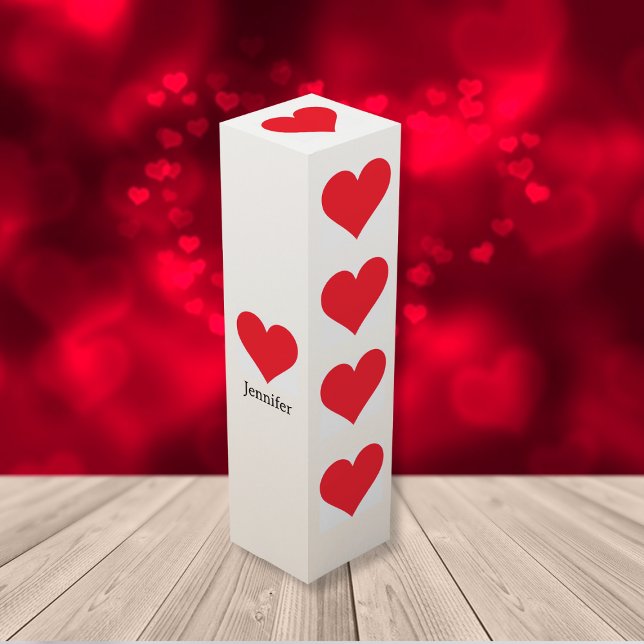 Red Hearts on White - Personalized Valentine's Day Wine Box (Valentines Day Gift Box for Wine - add your name.)