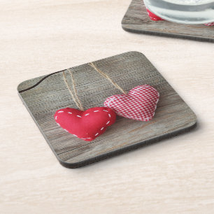 Red Hearts on Wooden Table 2 Beverage Coaster
