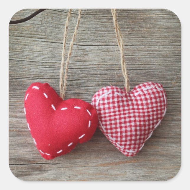 Red Hearts on Wooden Table 2 Square Sticker (Front)