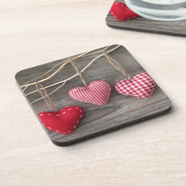 Red Hearts on Wooden Table Beverage Coaster (Left Side)