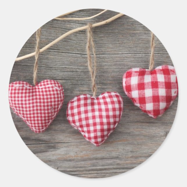 Red Hearts on Wooden Table Classic Round Sticker (Front)