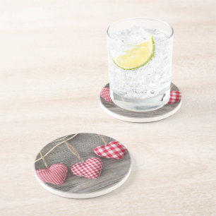 Red Hearts on Wooden Table Coaster