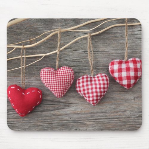 Red Hearts on Wooden Table Mouse Pad