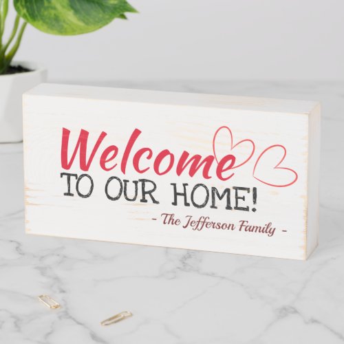 Red Hearts Outline Welcome Wooden Box Sign