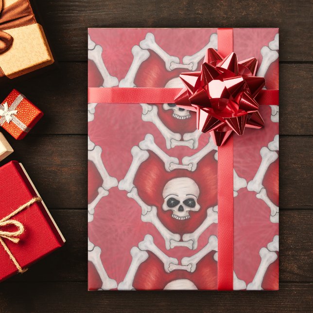 Red Hearts Outlined in Bones with Skulls in Center Wrapping Paper (Deep red hearts outlined in bones with skull  inside on red starburst patterned roll wrapping paper.)
