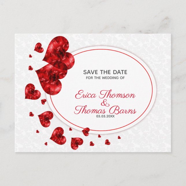 Red Hearts Over White Damask Announcement Postcard (Front)