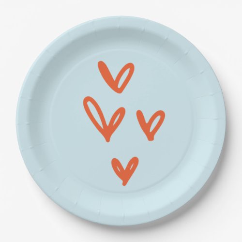 Red Hearts Pastel Blue Paper Plates