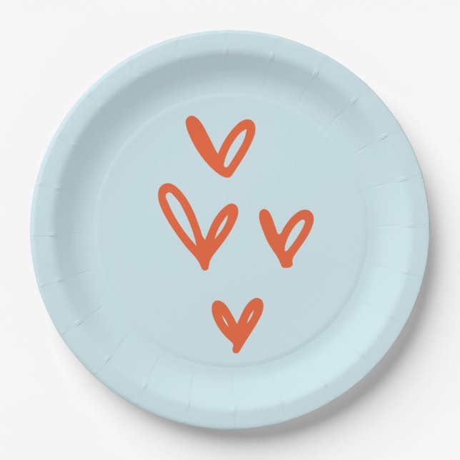Red Hearts Pastel Blue Paper Plates (Front)