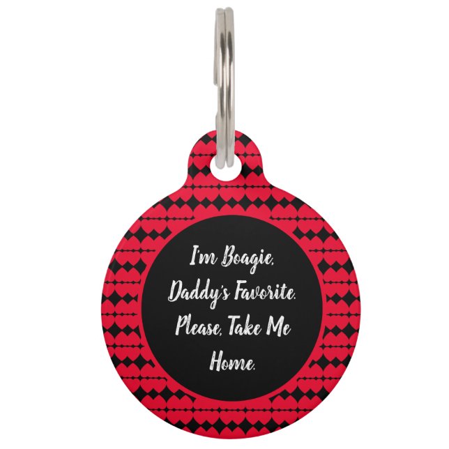 Red Hearts Pattern Black Personalized Pet ID Tag (Front)