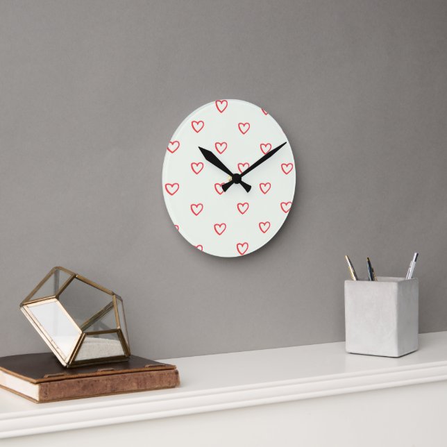 Red Hearts Pattern, Cute, Love Round Clock (Office)