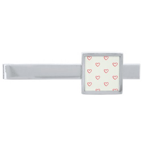 Red Hearts Pattern Cute Love Silver Finish Tie Bar