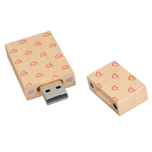 Red Hearts Pattern Cute Love Wood Flash Drive