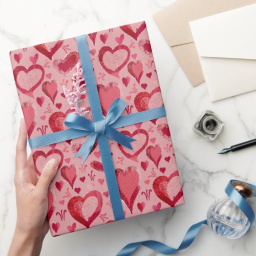 Red Hearts Pattern Drawing Valentines Day Wrapping Paper